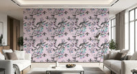 Living room with Enchanted Pastel Aviary Wallpaper and bird motifs