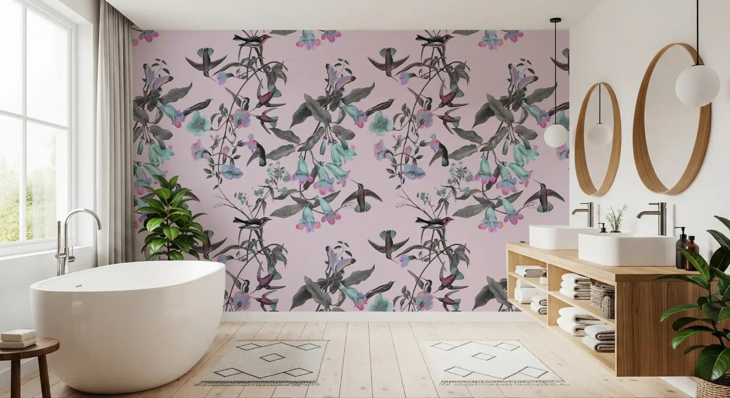 Bathroom featuring Enchanted Pastel Aviary Wallpaper with blossoms