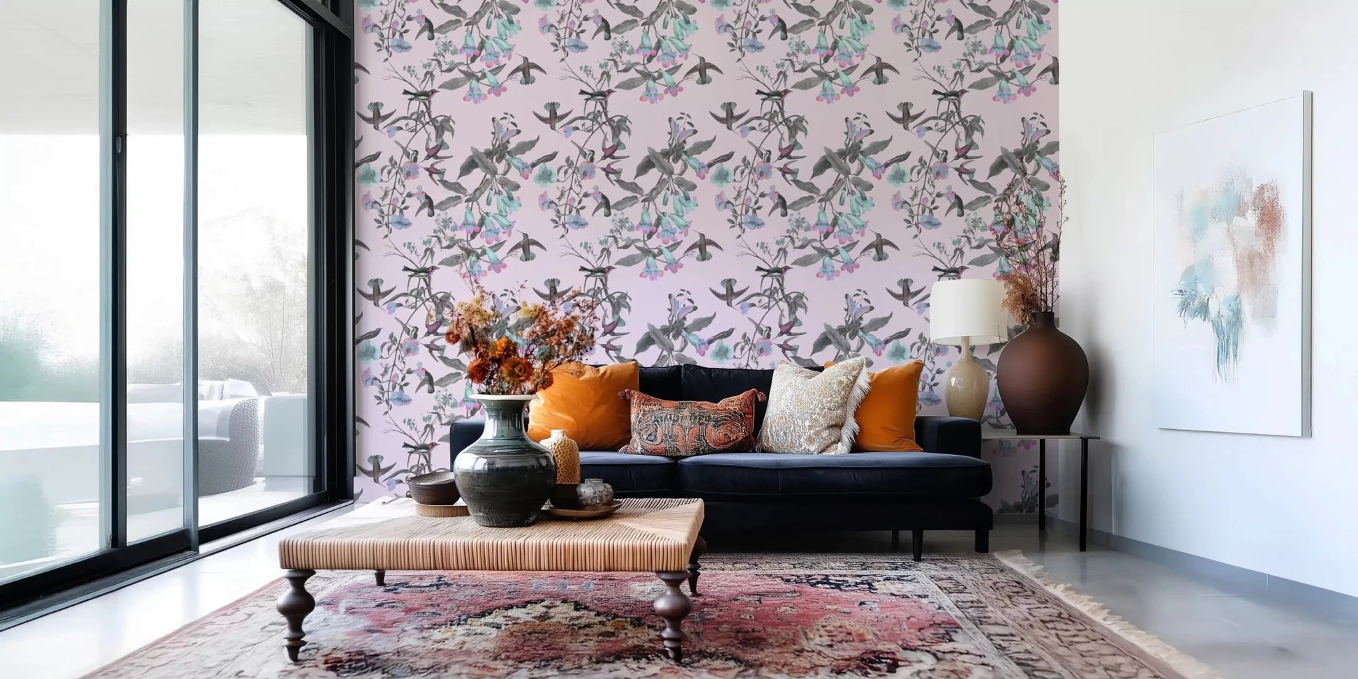 Pale floral branches across Pastel Aviary Wallpaper with birds