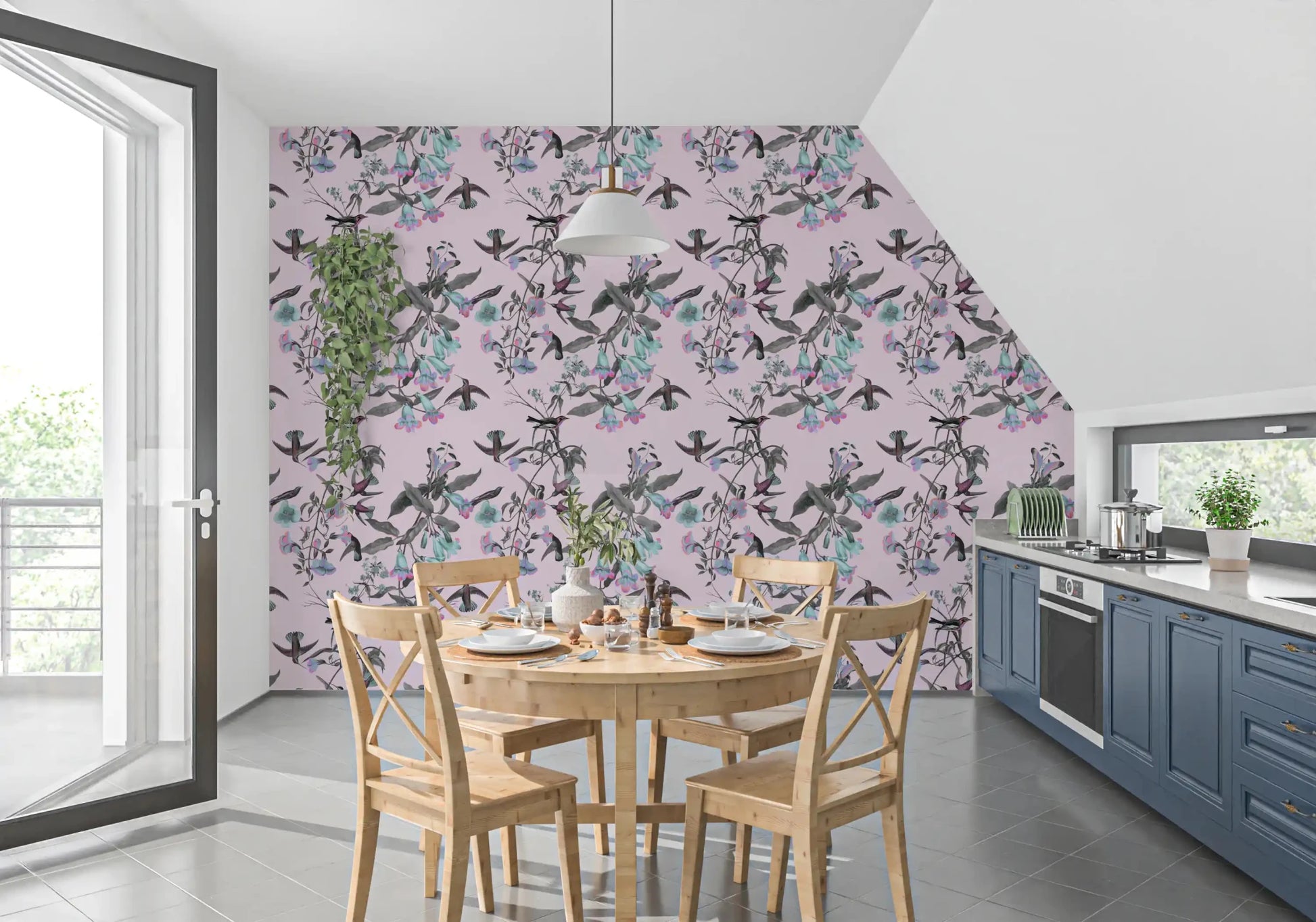 Kitchen wall with Pastel Aviary Wallpaper and leafy branch detail
