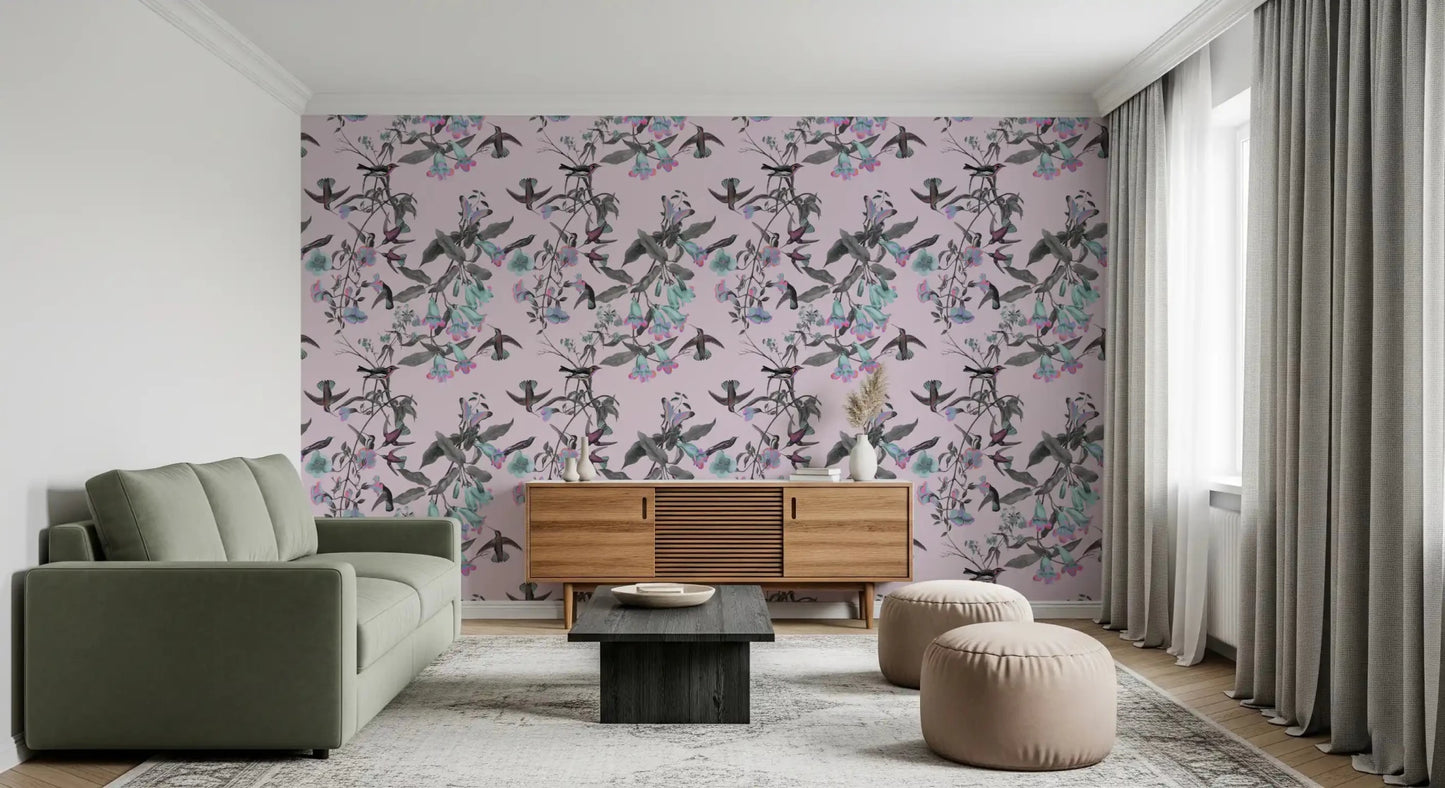 Delicate aviary pattern on Enchanted Pastel Aviary Wallpaper