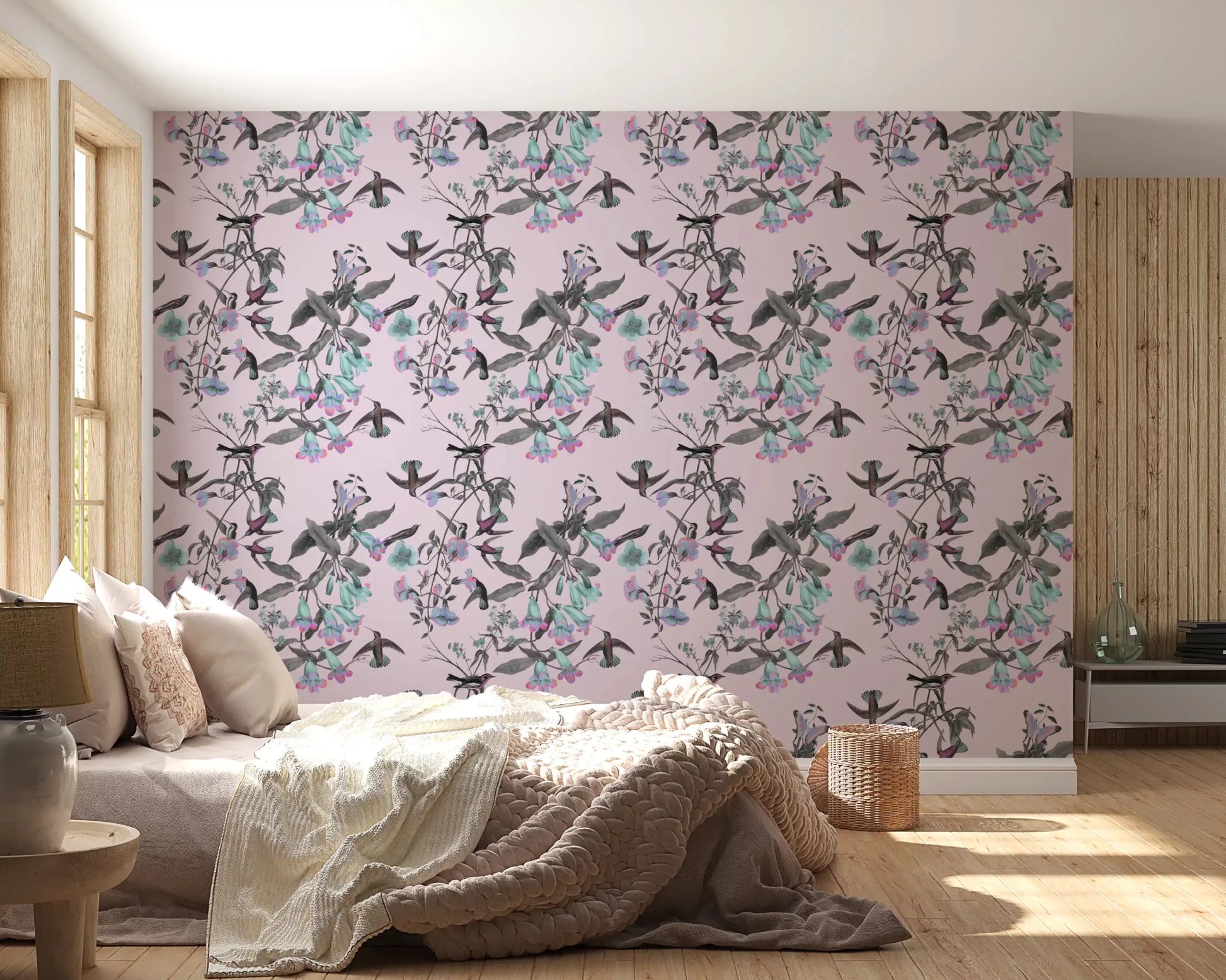 Bedroom styled in Enchanted Pastel Aviary Wallpaper on light base