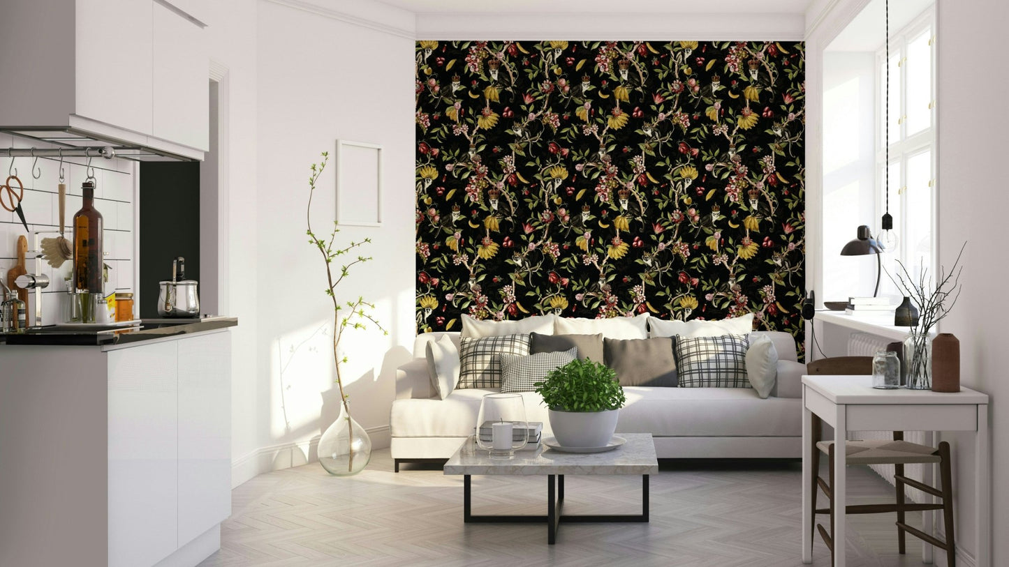 Wildlife jungle mural with playful monkeys on trees.