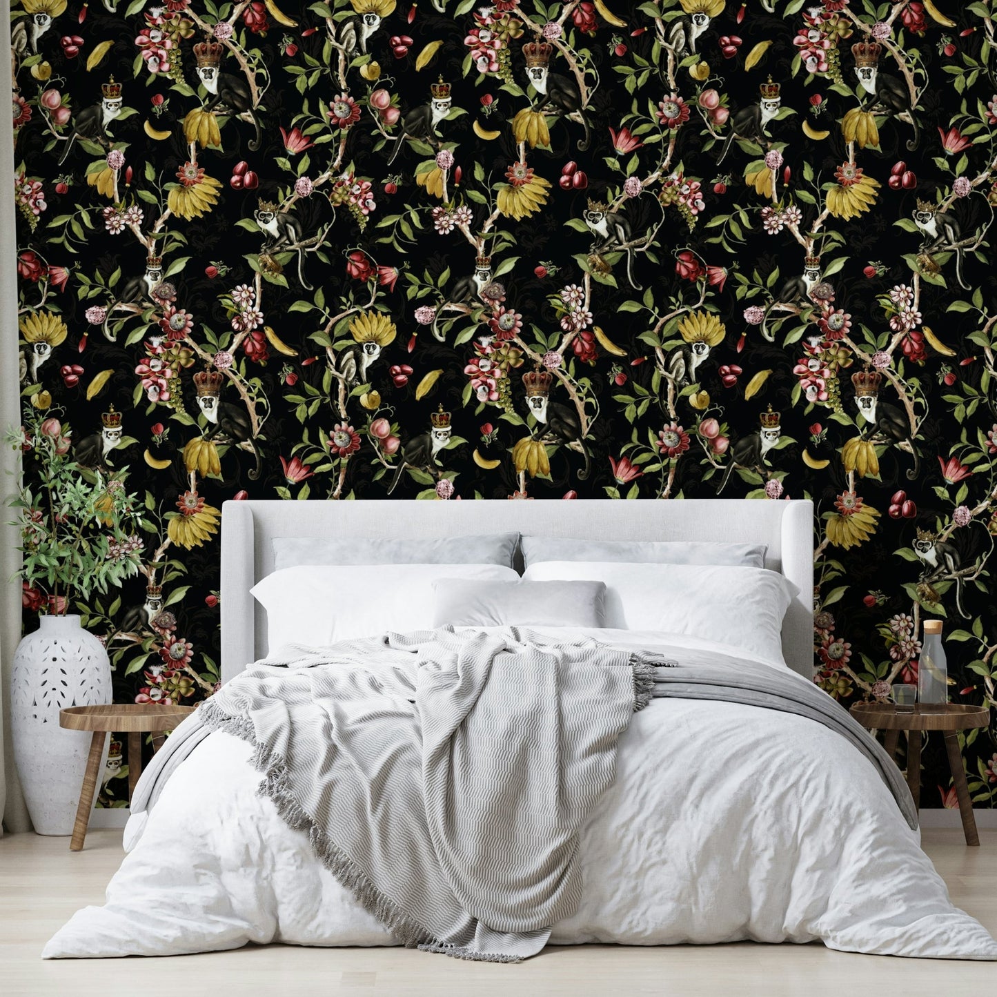 Enchanted monkeys surrounded by foliage wallpaper.

