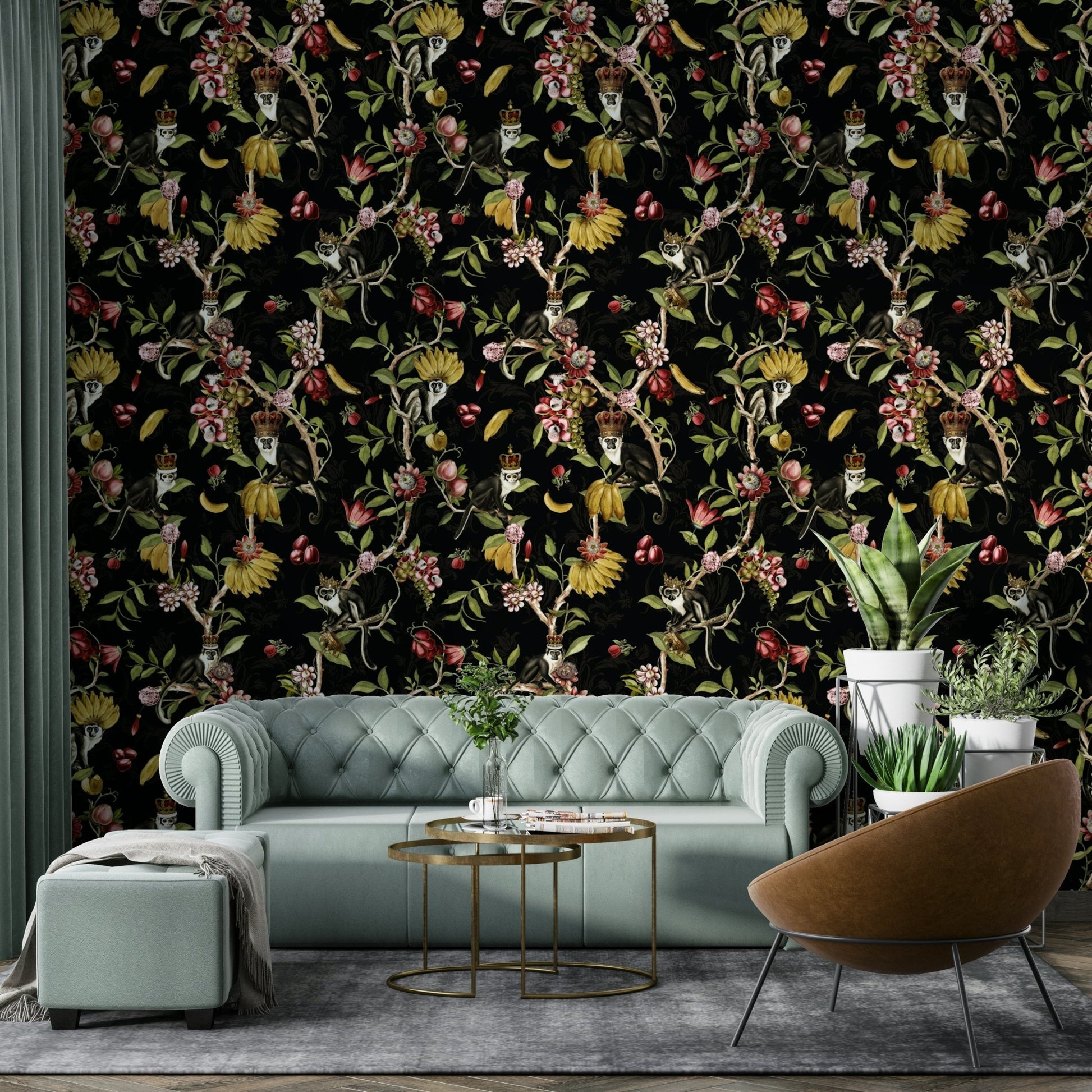 Monkey-filled jungle mural for vibrant decor.