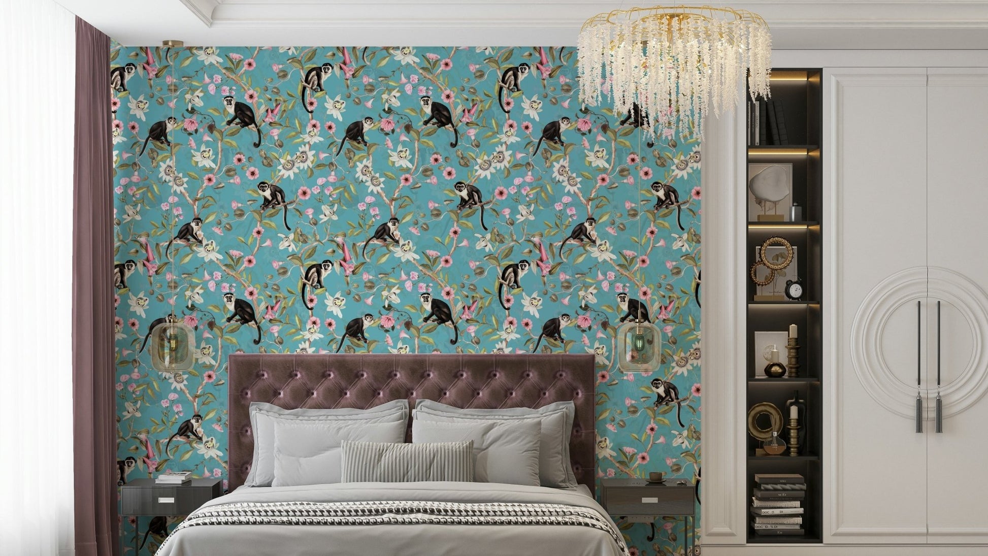 Playful monkeys in a lush jungle wallpaper.

