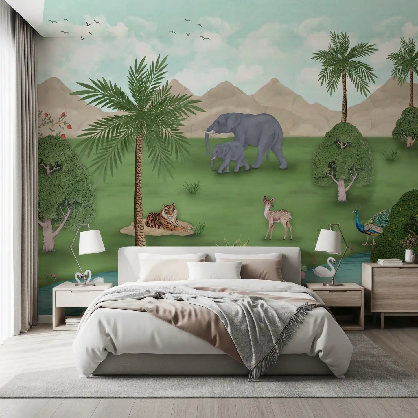 Enchanted River Oasis Wall Mural above a bed in a calm, softly styled bedroom