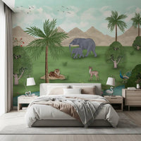 Enchanted River Oasis Wall Mural above a bed in a calm, softly styled bedroom