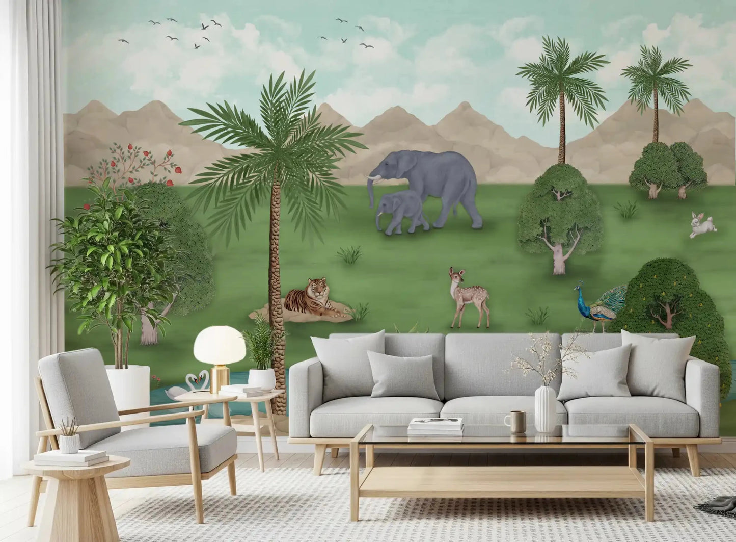 Enchanted River Oasis Wall Mural set across a bright lounge with soft neutral seating