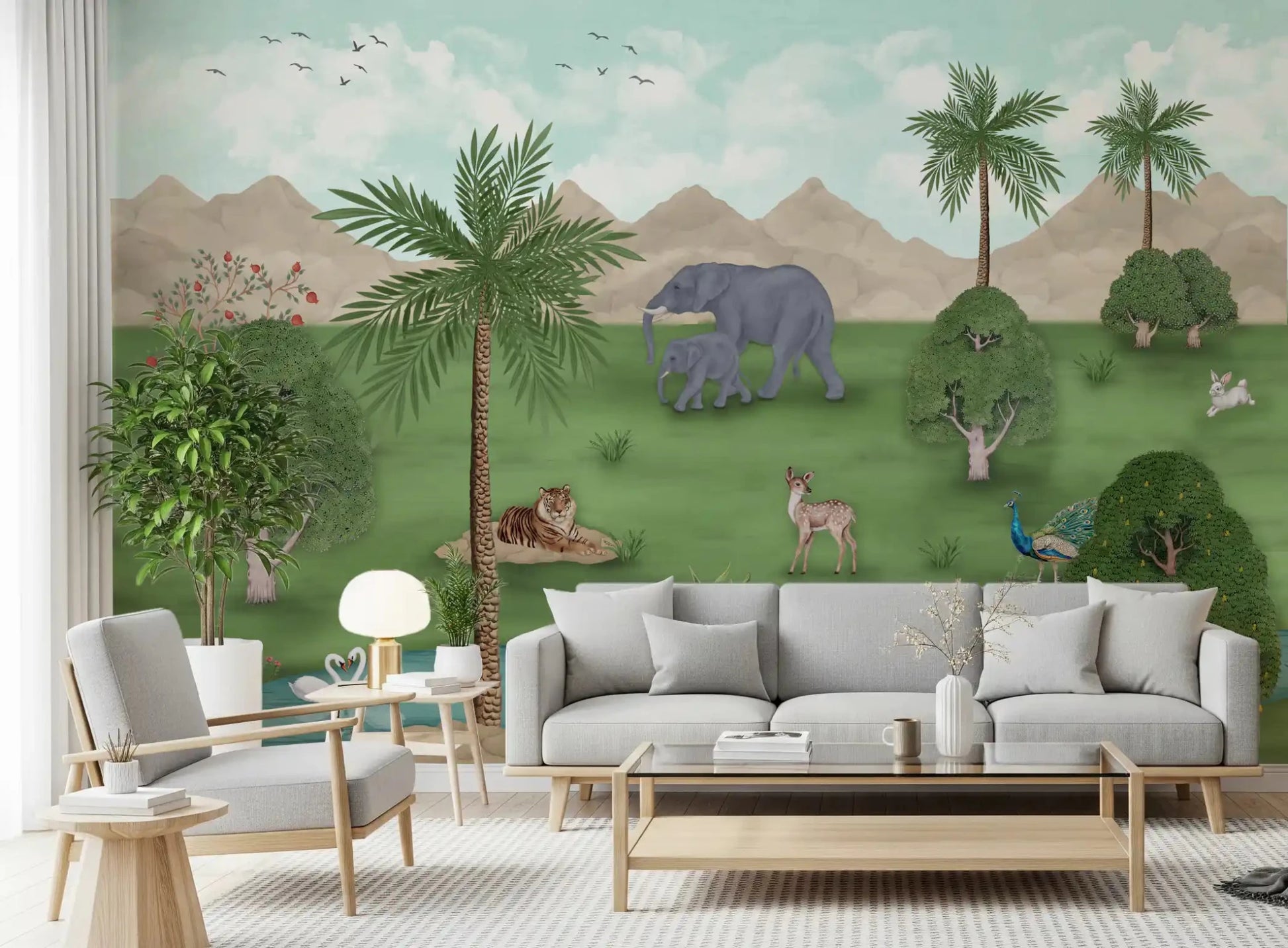 Enchanted River Oasis Wall Mural set across a bright lounge with soft neutral seating