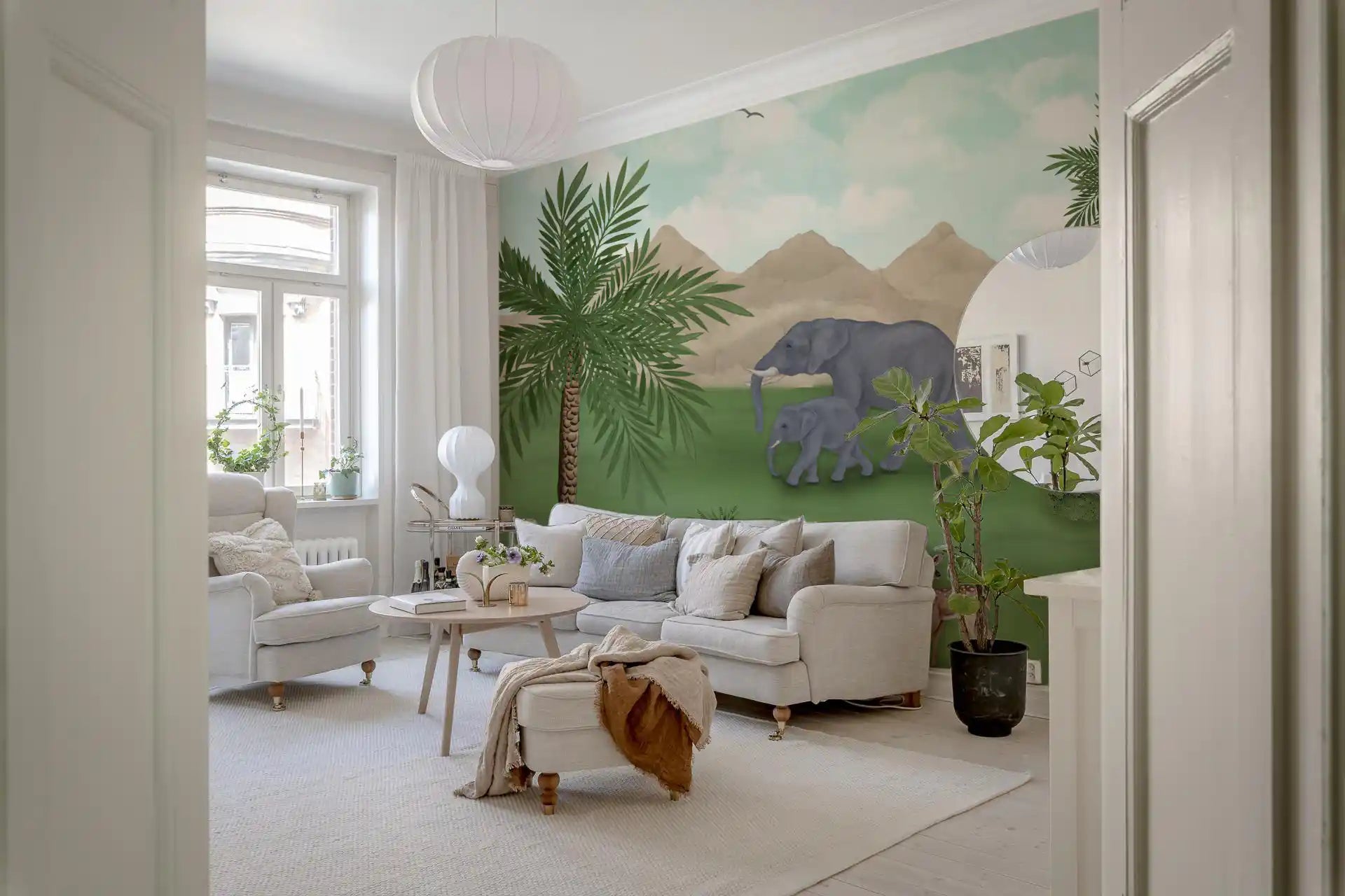 Airy room corner featuring Enchanted River Oasis Wall Mural in a calm nature scene
