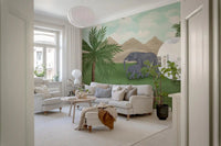 Airy room corner featuring Enchanted River Oasis Wall Mural in a calm nature scene