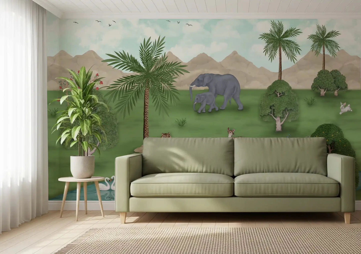 Green sofa setting finished with Enchanted River Oasis Wall Mural 