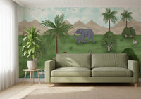 Green sofa setting finished with Enchanted River Oasis Wall Mural 