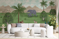 Enchanted River Oasis Wall Mural behind a curved white sofa in a bright living room