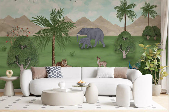 Enchanted River Oasis Wall Mural behind a curved white sofa in a bright living room, GD8955