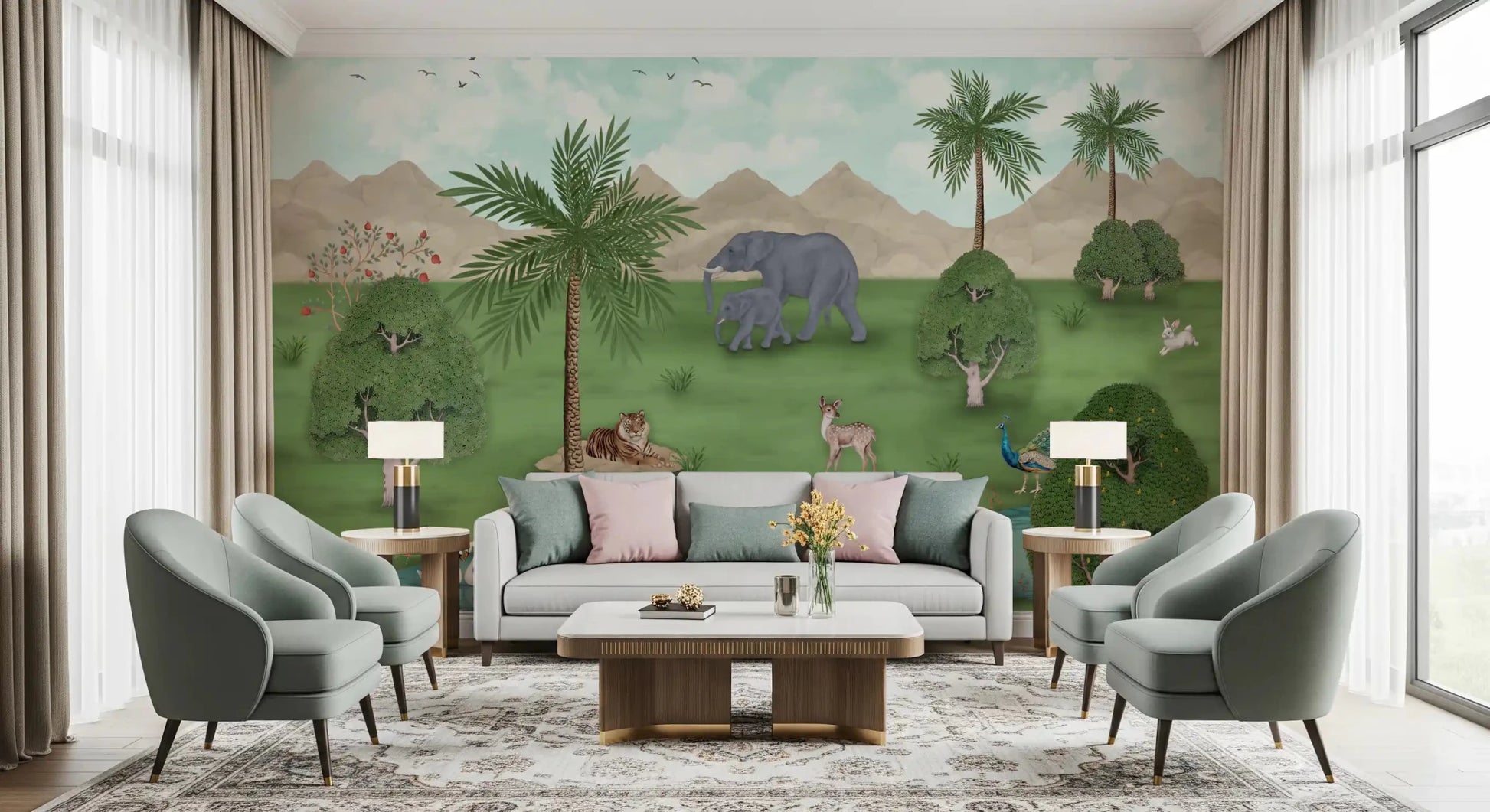 Living room space backed by Enchanted River Oasis Wall Mural in a wide landscape view