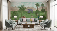 Living room space backed by Enchanted River Oasis Wall Mural in a wide landscape view