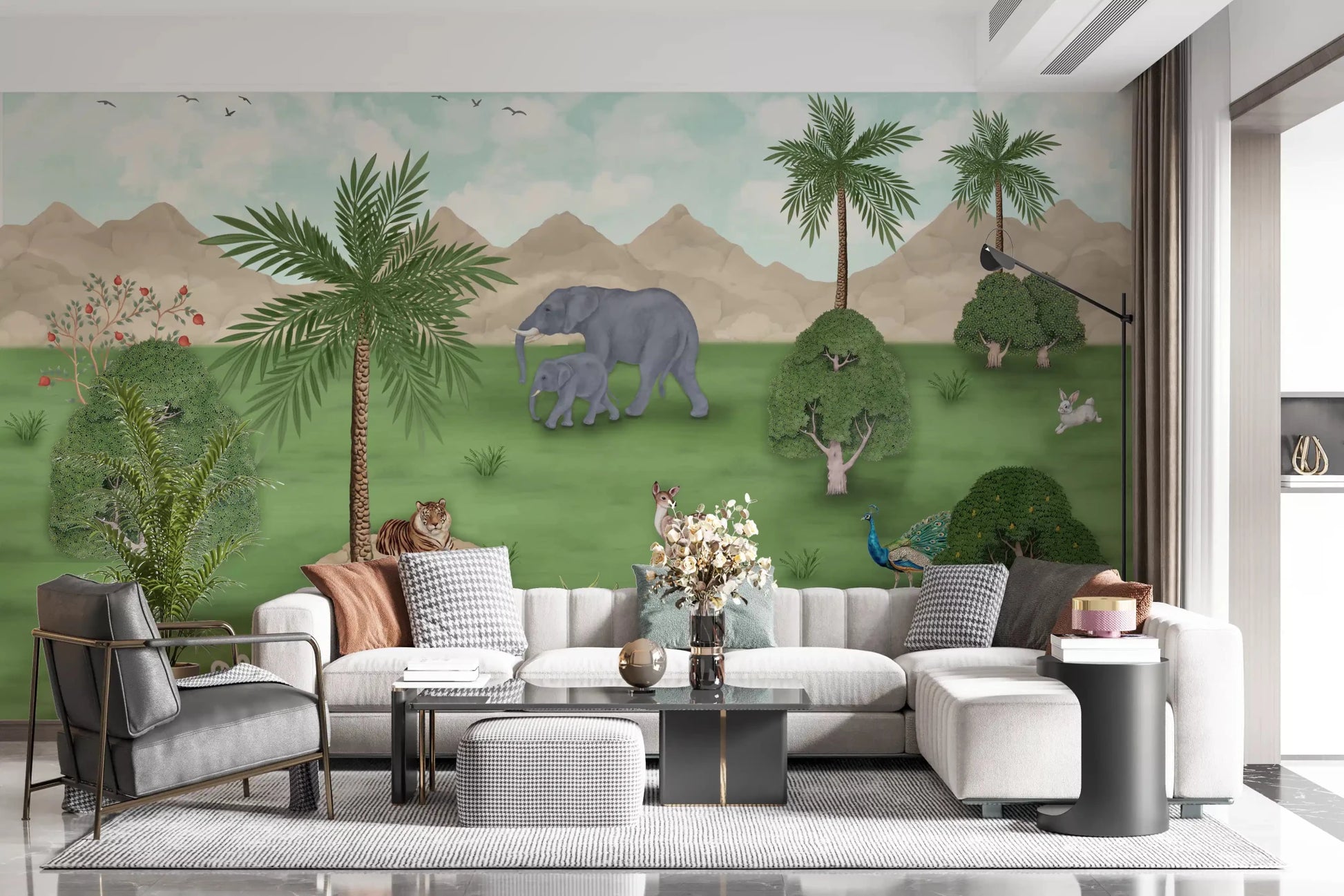 Dark-toned lounge paired with Enchanted River Oasis Wall Mural in scenic green tones