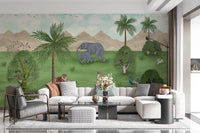 Dark-toned lounge paired with Enchanted River Oasis Wall Mural in scenic green tones