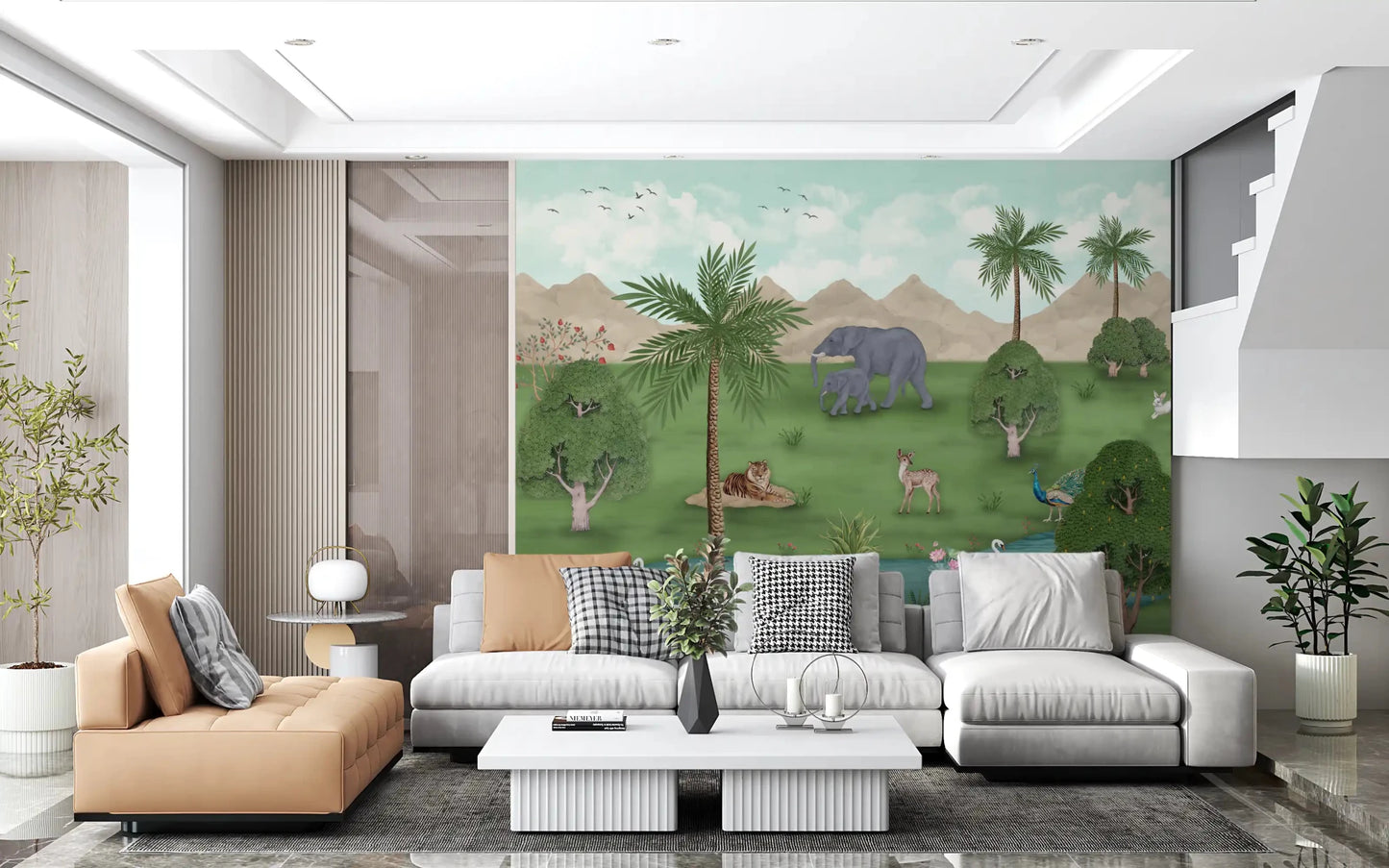 Spacious living room styled with Enchanted River Oasis Wall Mural behind the sofa