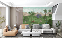 Spacious living room styled with Enchanted River Oasis Wall Mural behind the sofa
