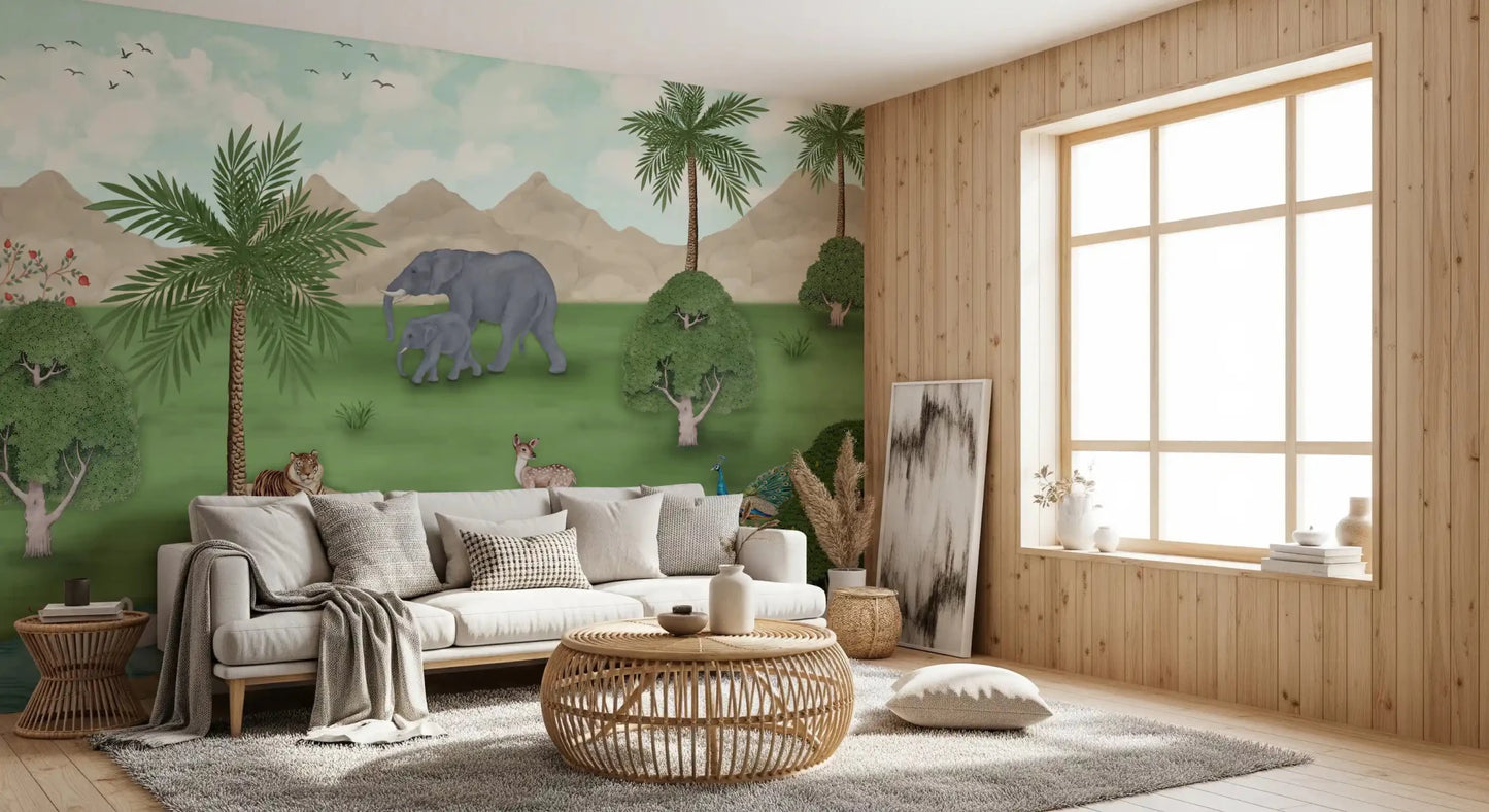 Sunlit sitting room opened up by Enchanted River Oasis Wall Mural and wide windows