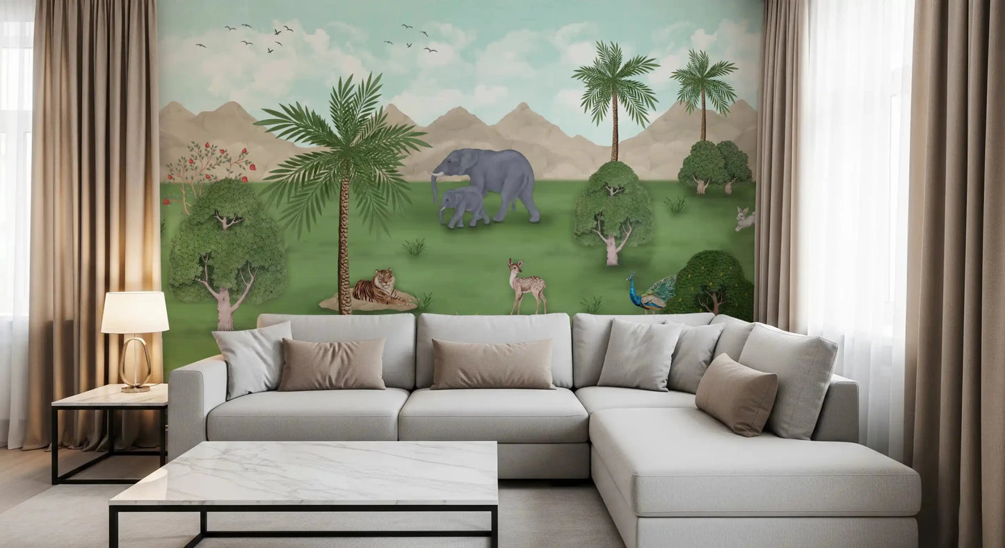 Enchanted River Oasis Wall Mural framing a white sofa in a light modern lounge