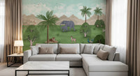 Enchanted River Oasis Wall Mural framing a white sofa in a light modern lounge