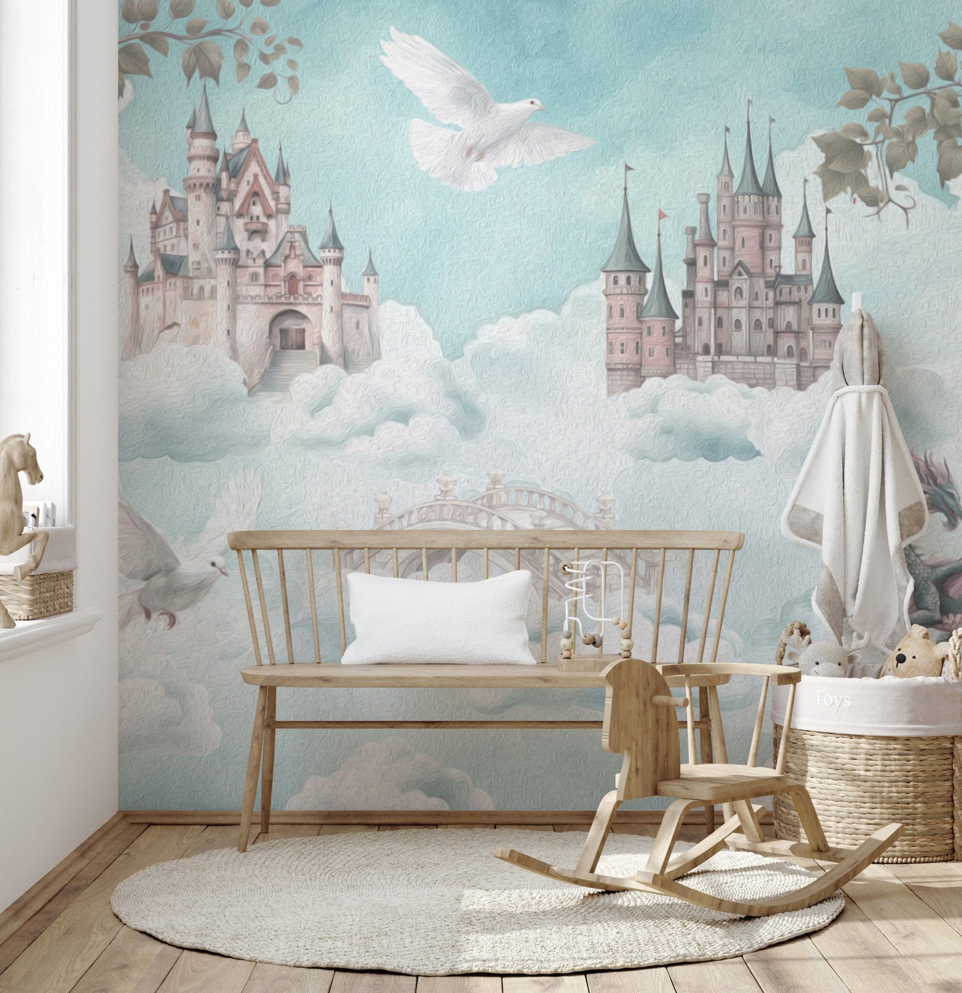 Whimsical Sky Castle Nursery Wallpaper
