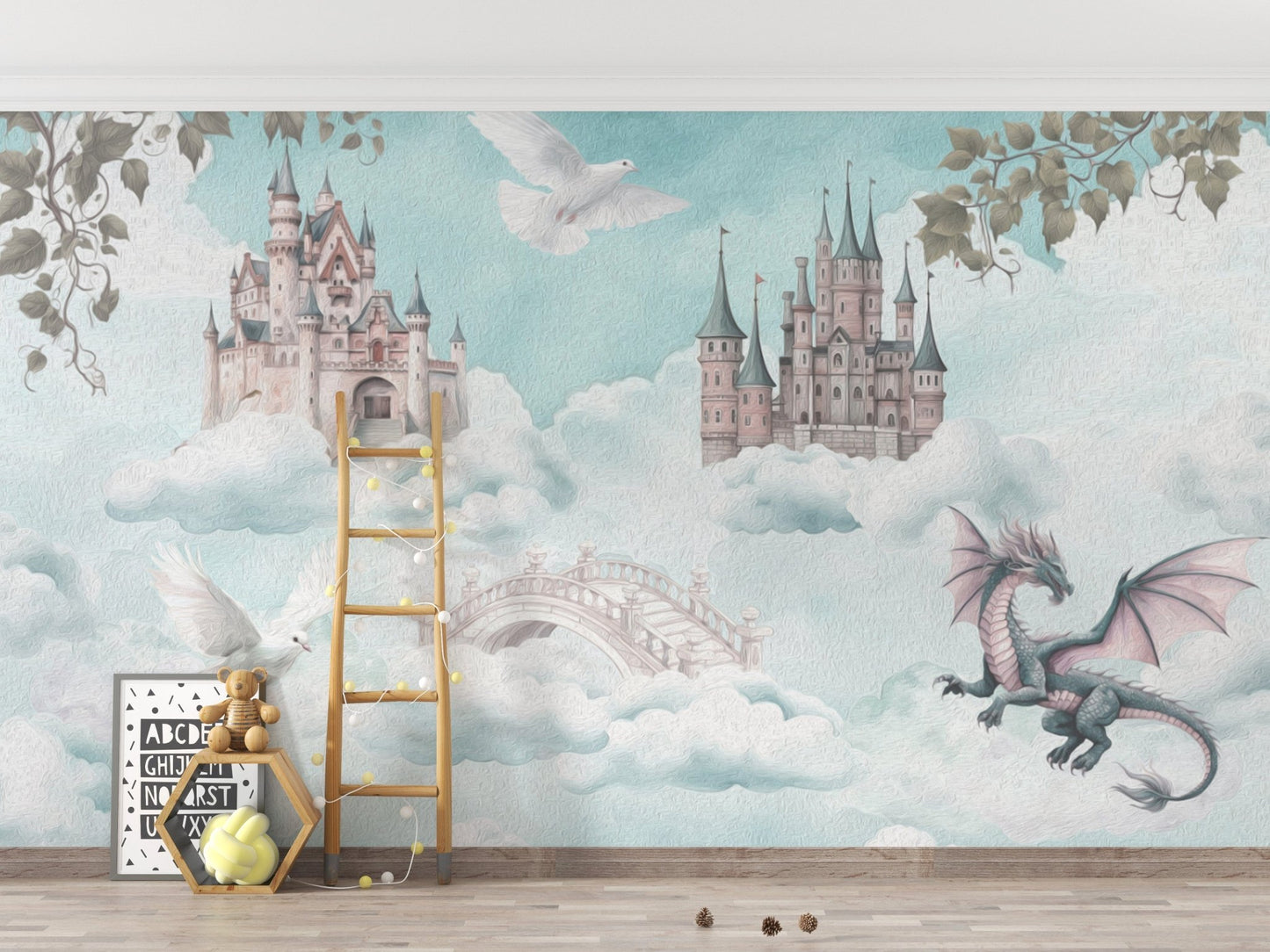 Flying Dragon and Castle Wall Mural
