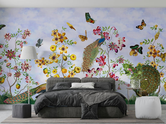 Enchanted Vintage Peacocks Wall Mural with Garden Theme, GD1162