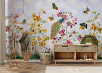 Retro Peacocks with Garden Details on Wall Mural