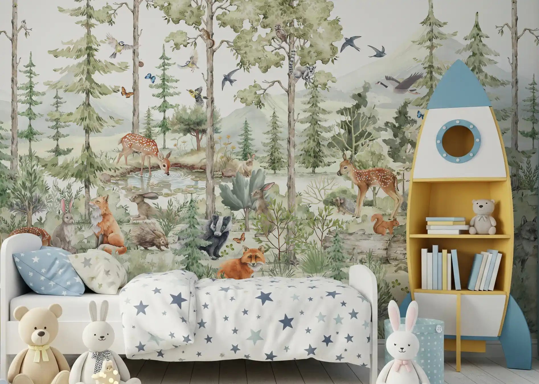 Kids room wall mural of Enchanted Woodland Friends in a sweet forest scene, GD9049