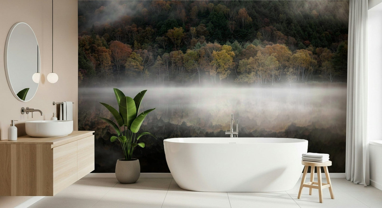 Ethereal mist hugging the water Enchanted Woodland Mist Reflection wallpaper print.