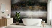 Ethereal mist hugging the water Enchanted Woodland Mist Reflection wallpaper print.