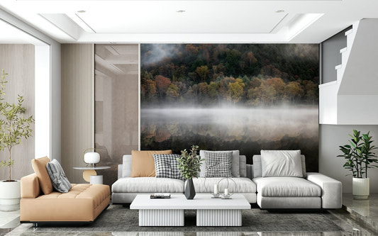 Picturesque view of forest lake Enchanted Woodland Mist Reflection elegant wallpaper.