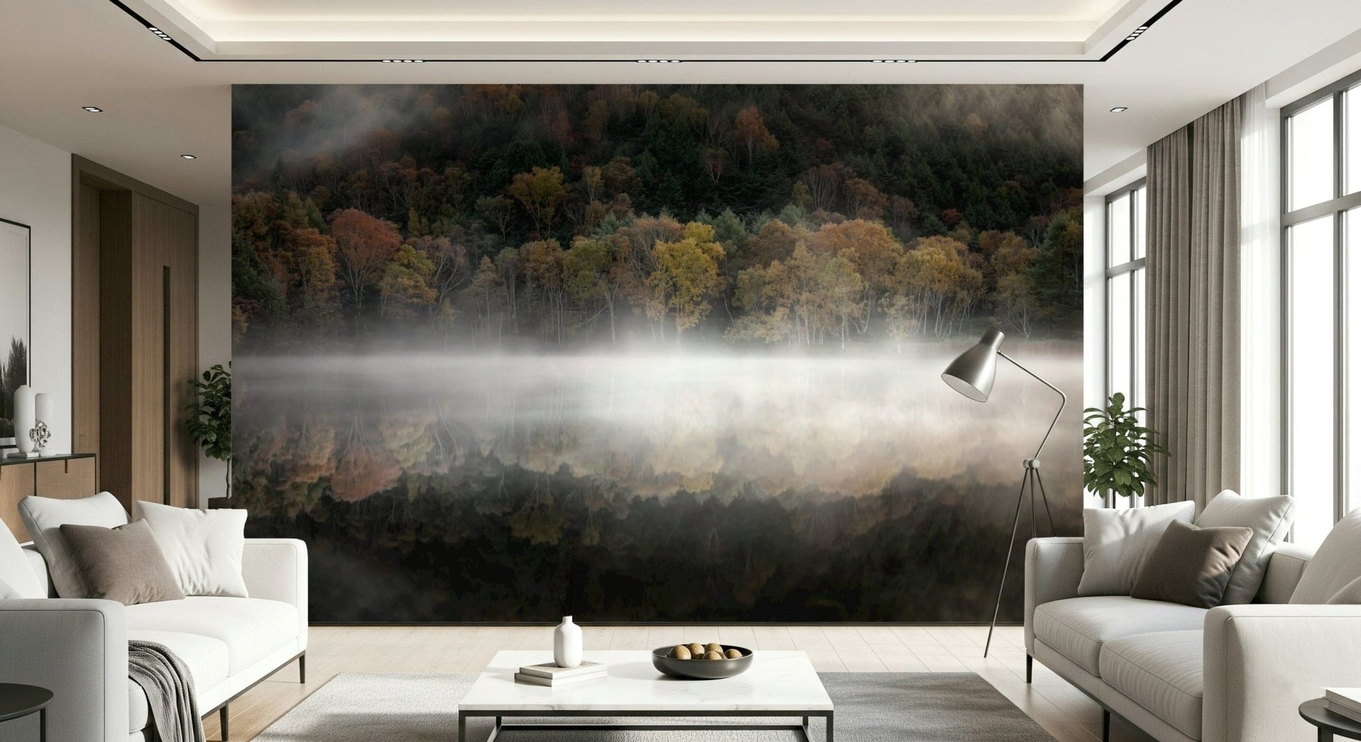Vibrant fall foliage panorama Enchanted Woodland Mist Reflection room mural.