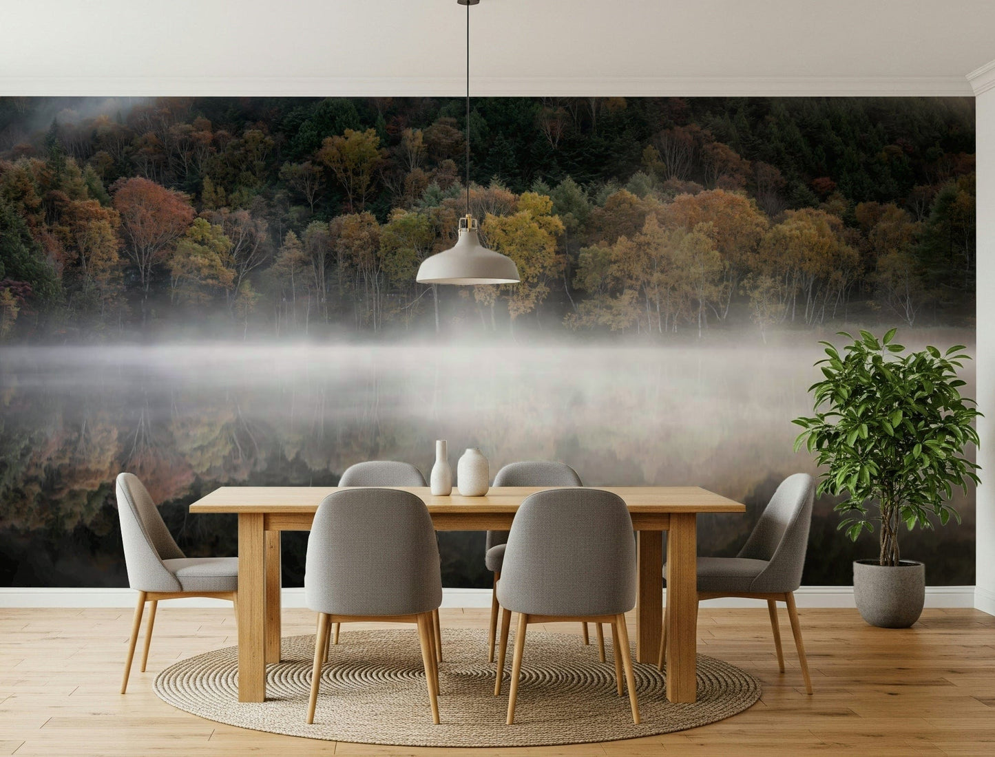 Lush forest with foggy lake Enchanted Woodland Mist Reflection wall art.