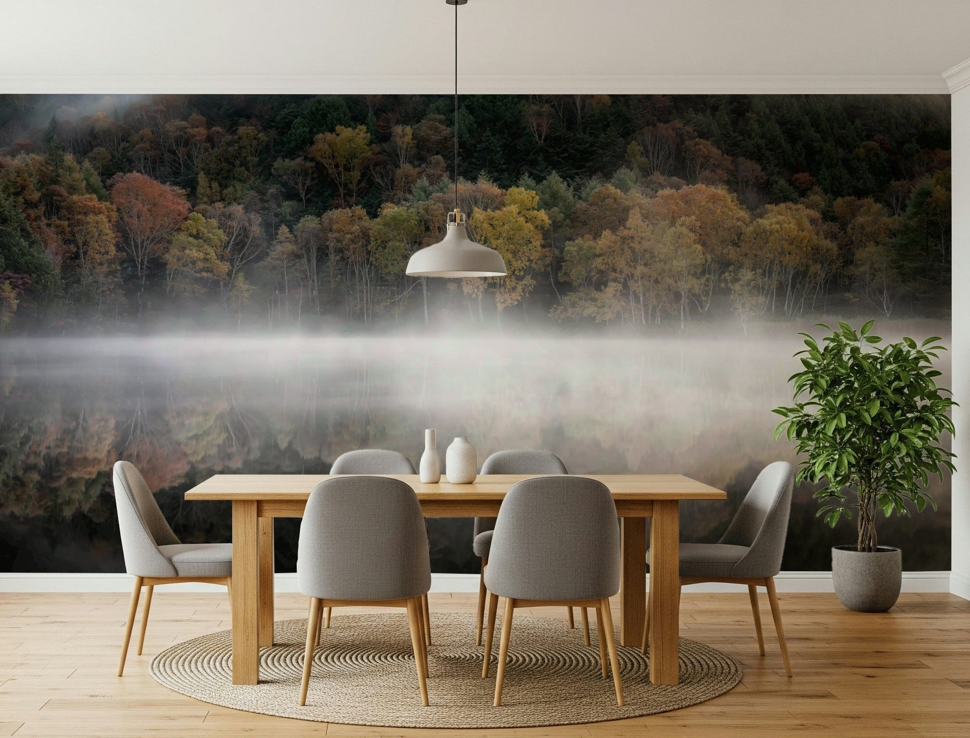 Lush forest with foggy lake Enchanted Woodland Mist Reflection wall art.