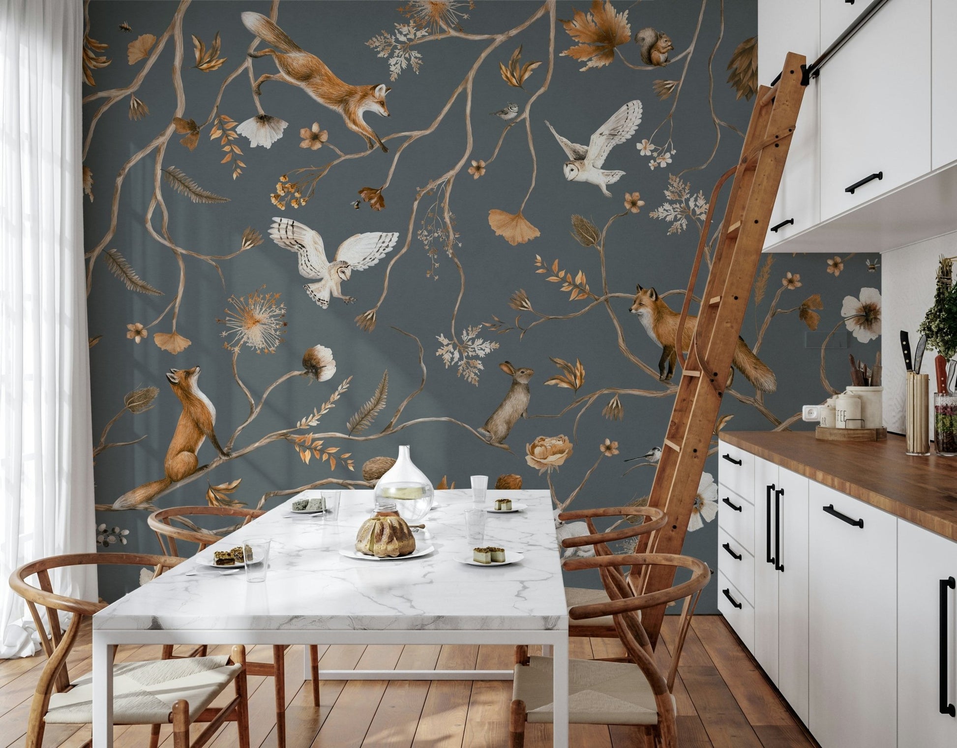 Storybook forest scene on the Enchanted Woodland Tales Wall Mural.