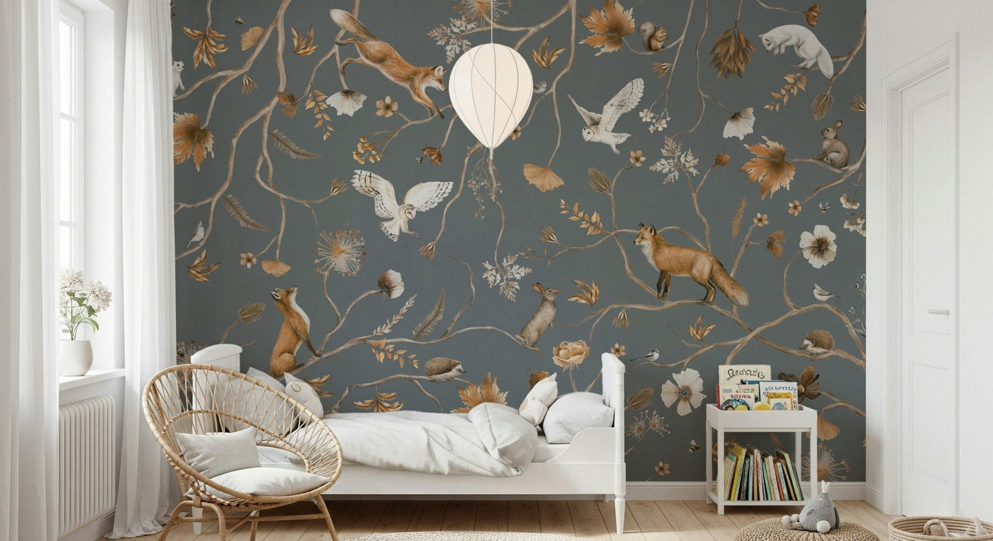 Calming gray and white shades of the Enchanted Woodland Tales Wall Mural.
