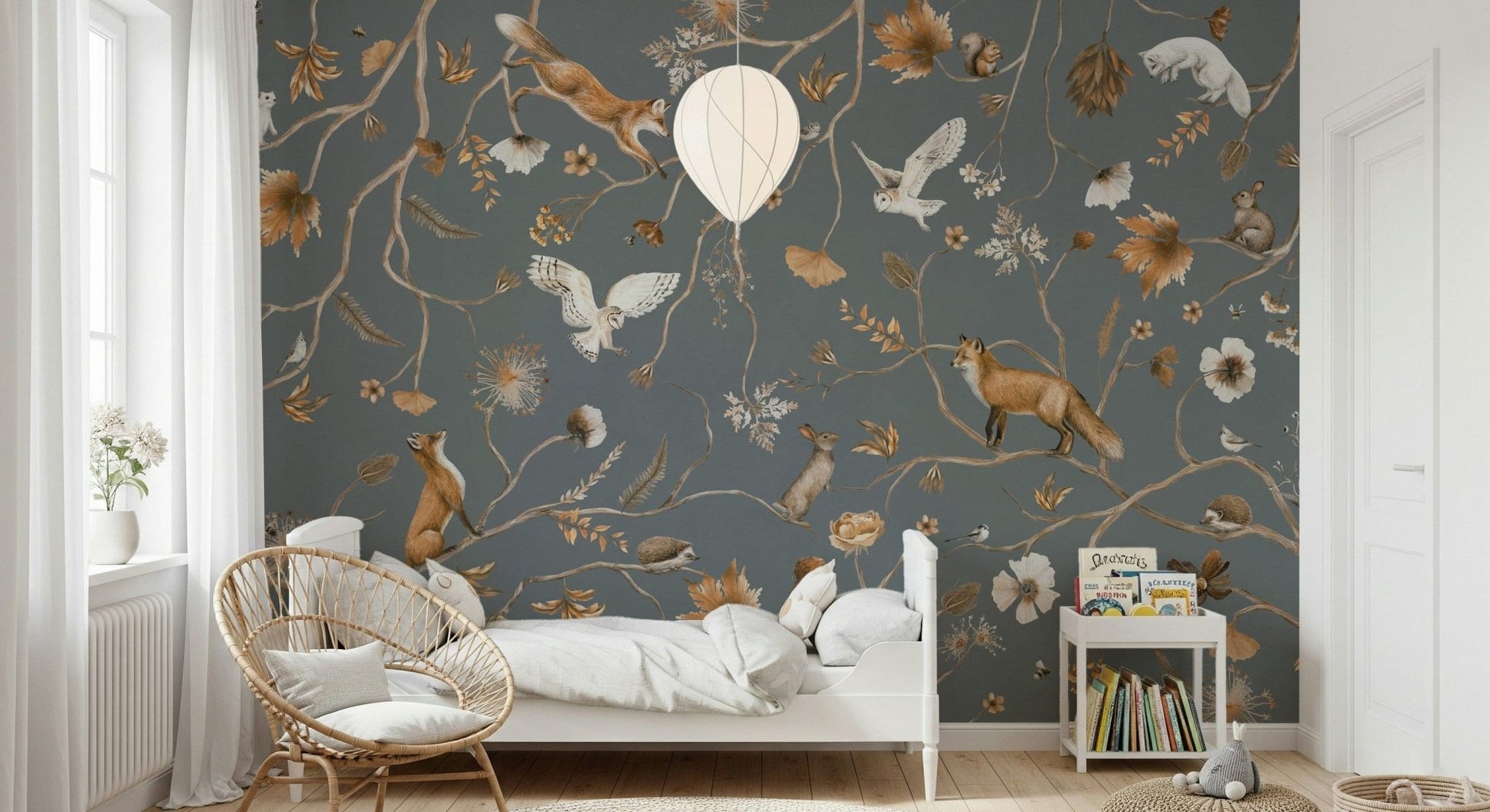 Calming gray and white shades of the Enchanted Woodland Tales Wall Mural.