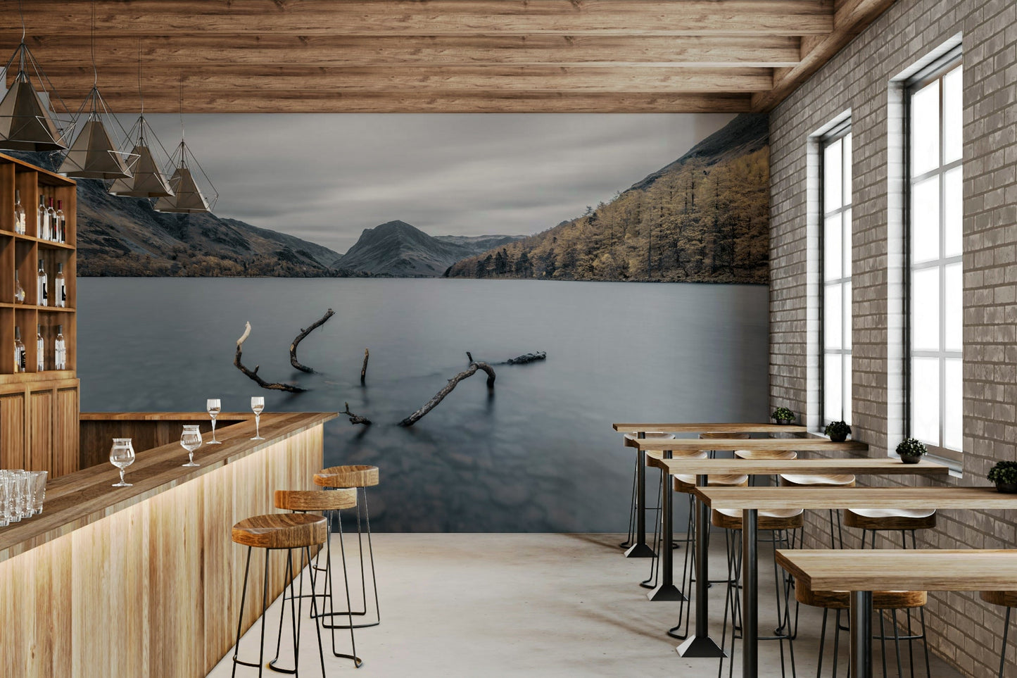 There are some tree branches in the water in the foreground.

