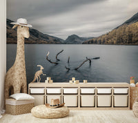 The colors are muted tones of gray, green, and brown.

