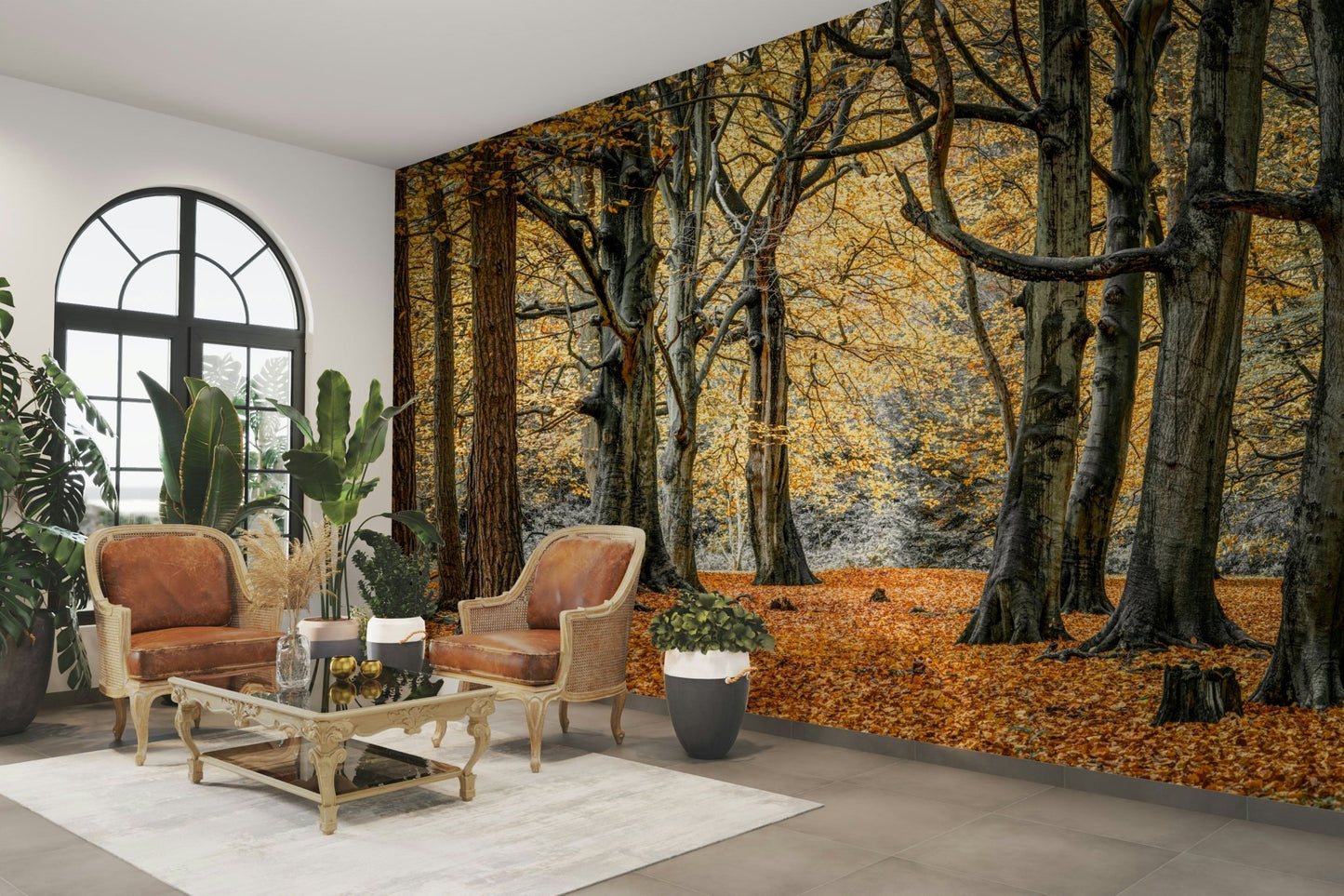 Wall decorated with fall nature art.

