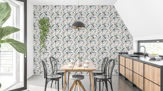 White palm leaves tropical wall design