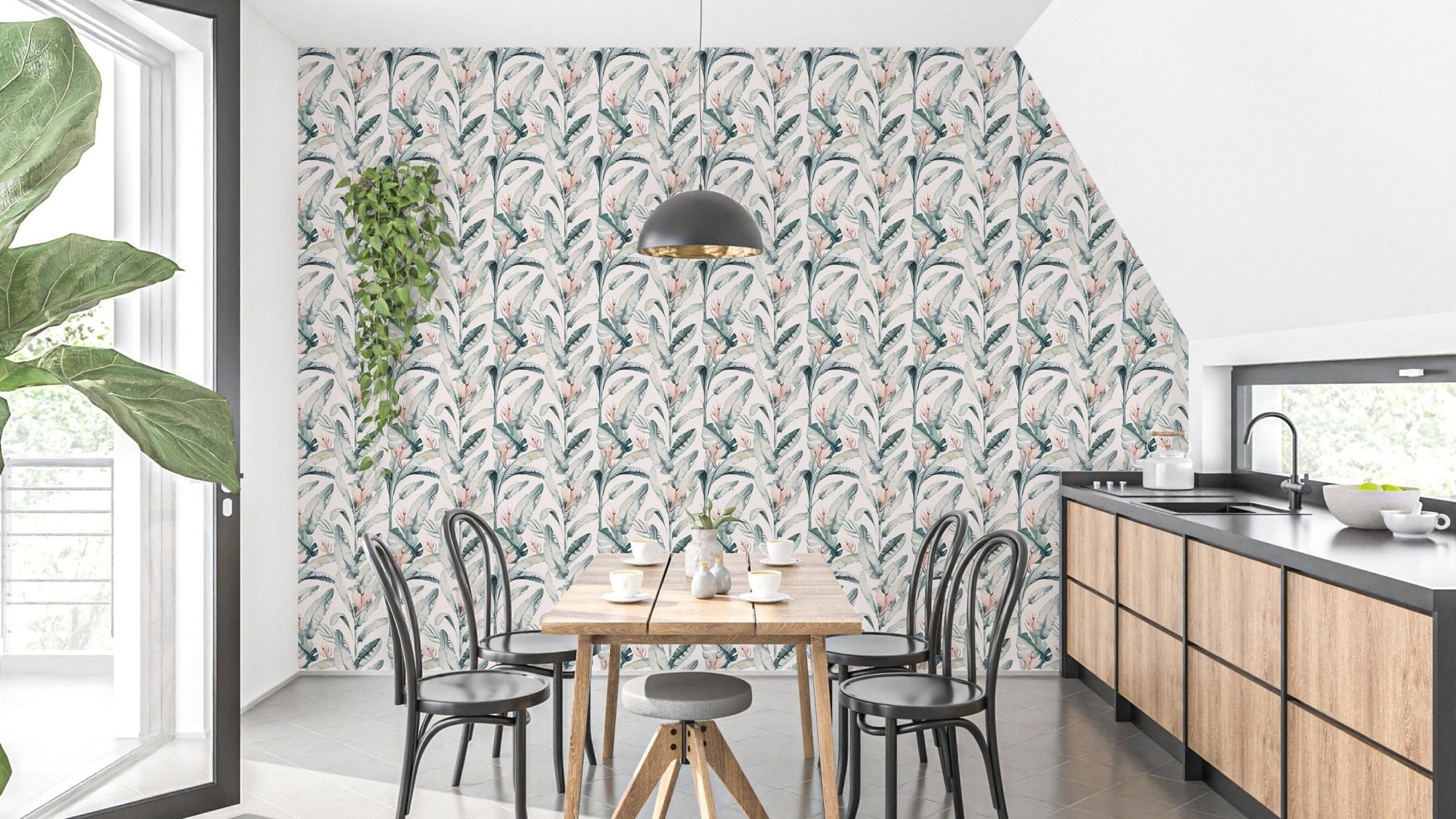 White palm leaves tropical wall design B234