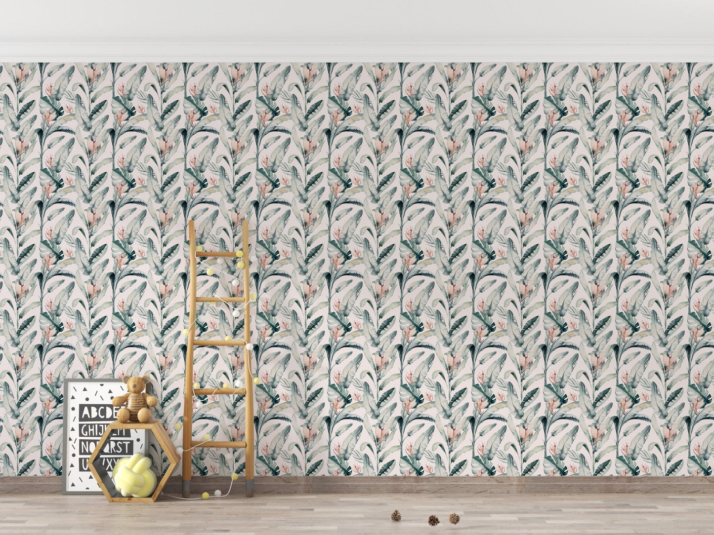 Tropical white palm repeat mural style