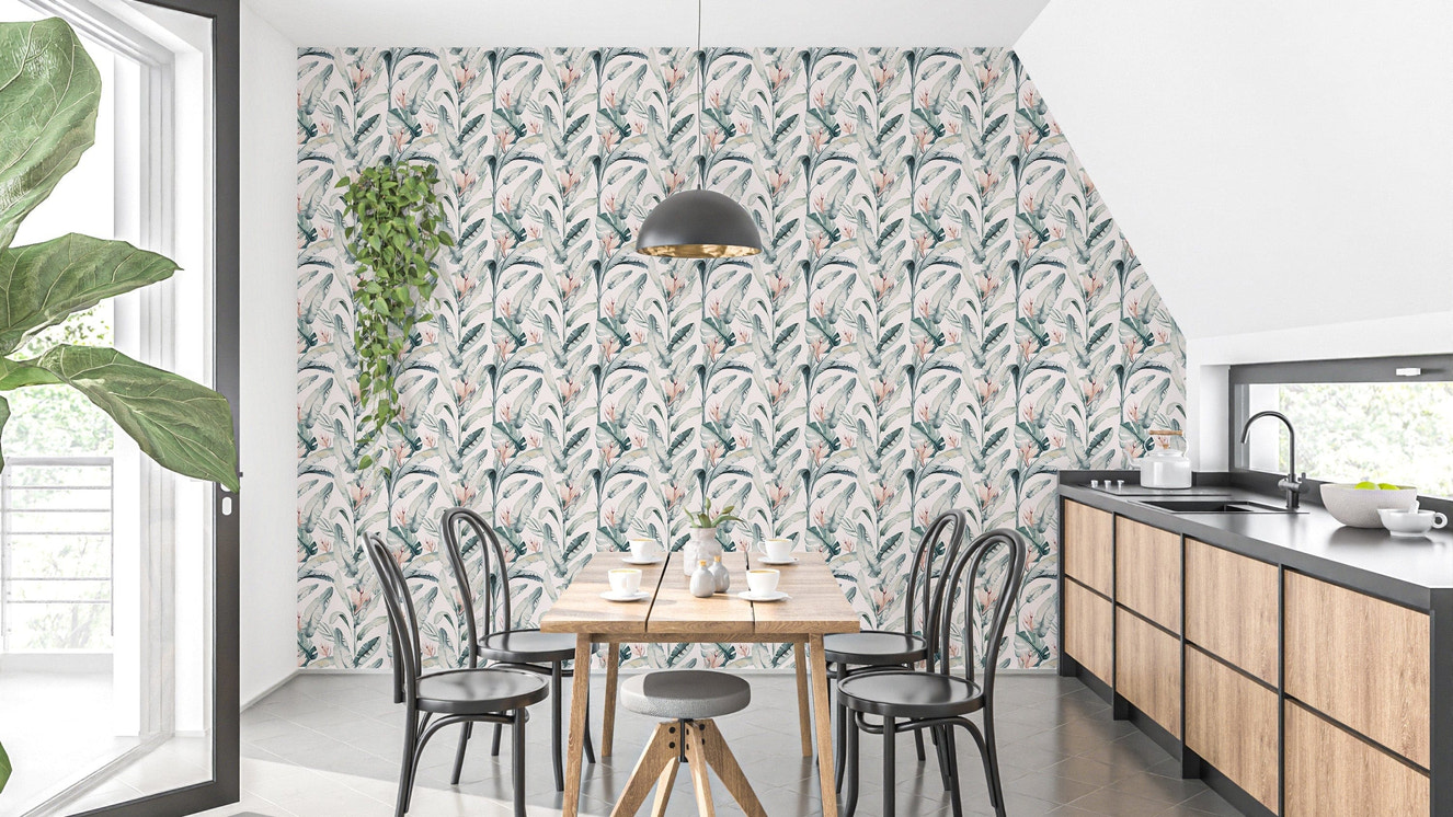 White palm leaves tropical wall design